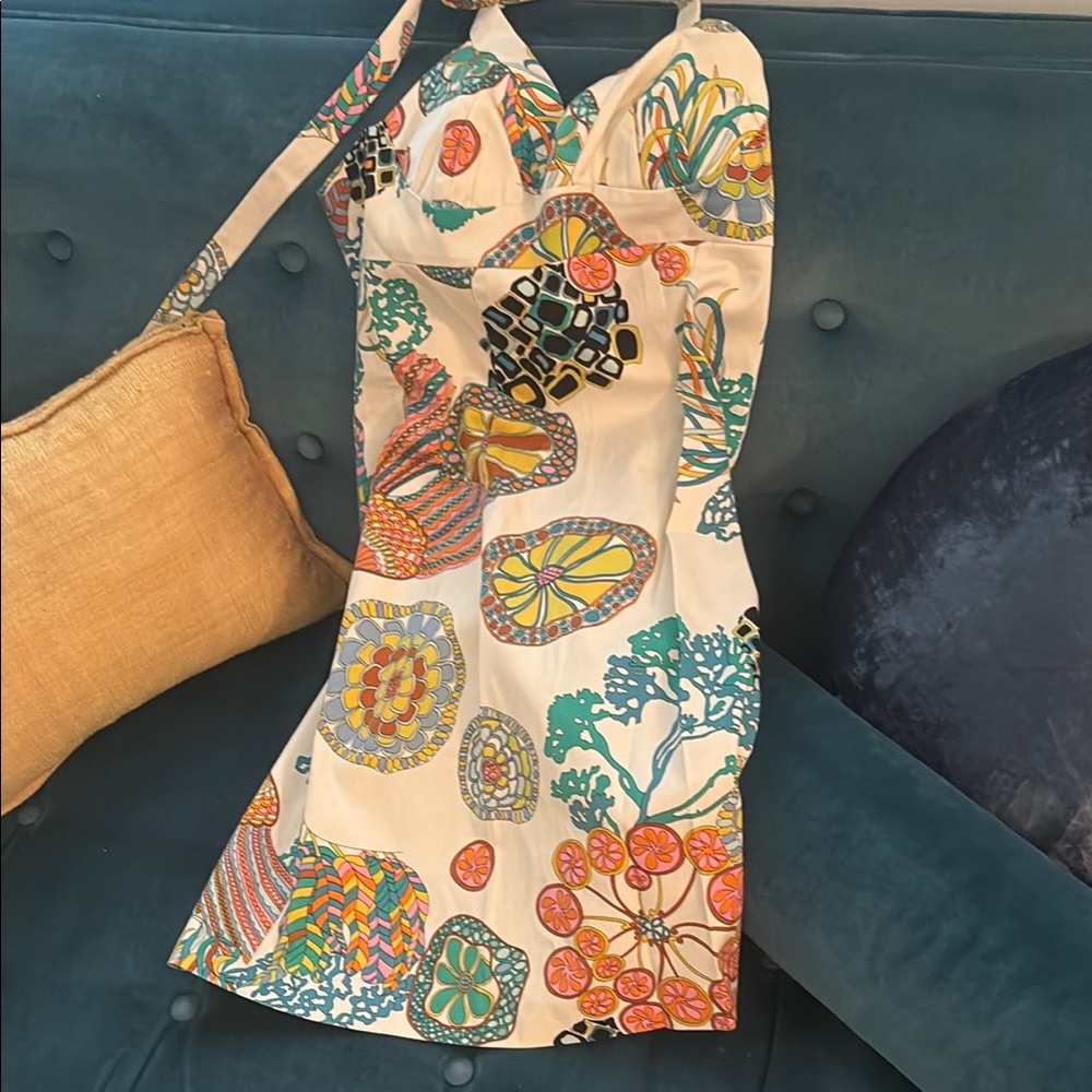 Trina Turk Cream and Orange Halter Sundress
